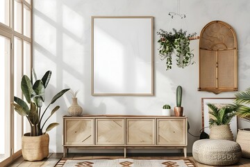 Minimalist Bohemian Wall Art Frame Mockup in Cozy Interior with Natural Decor Elements