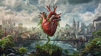 Environmental and Social Factors: Images showcasing how environment and social determinants affect heart health.  - obrazy, fototapety, plakaty