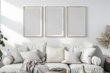 Minimalist Wall Frame Mockup with Boho Art Print in Serene Living Room Interior