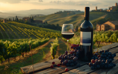A bottle of red wine, blank label, with glass of red wine on a wooden table with bunches of grapes and on the background vineyards and hills. Natural soft and warm lighting - obrazy, fototapety, plakaty