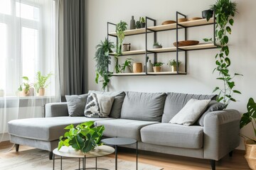 Corner sofa with shelves Scandinavian style interior design of a modern living room in a farmhouse loft. by AI generated image
