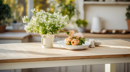 white wooden table for decoration at kitchen with potted plants and some cut flowers