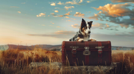 A border collie rests on a classic brown leather suitcase amidst a field with a dramatic sky in the background - obrazy, fototapety, plakaty