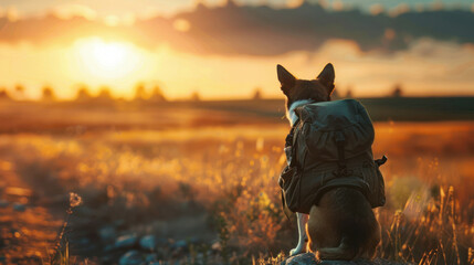 A German Shepherd wearing a backpack watches the sunrise in a picturesque open field, symbolizing freedom - obrazy, fototapety, plakaty