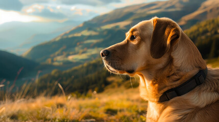 Obraz premium A contemplative dog gazes into the distance with a backdrop of luminous golden hour and mountainous landscape
