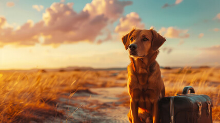 An unaccompanied dog with a suitcase standing in a field during a captivating sunset evokes wanderlust and solitude - obrazy, fototapety, plakaty