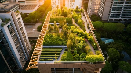 Sunlight bathes an urban rooftop garden, showcasing a modern approach to city landscaping. - obrazy, fototapety, plakaty