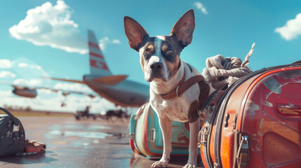 An attentive small dog with a leash on sits on luggage with airport runway and airplanes in the background, emitting a sense of anticipation