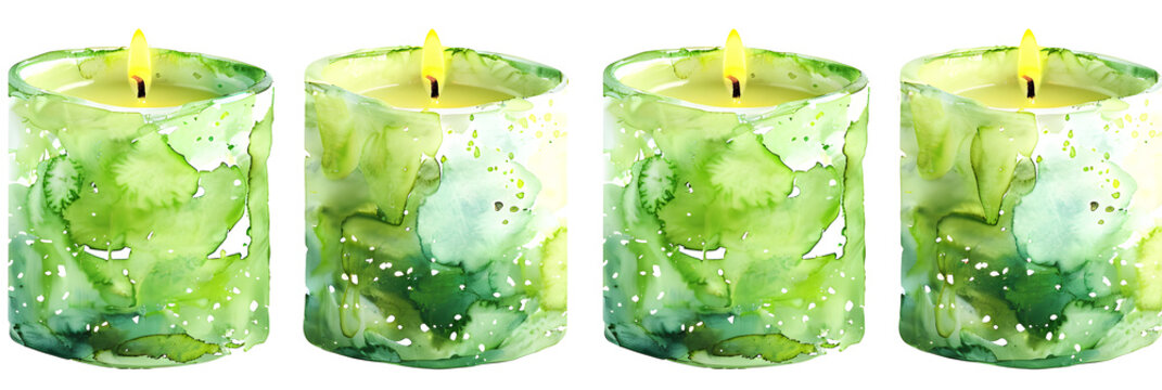 Beautiful magic circle with runes and candles green magical clipart illustration, There are three green candles with green drips on them .
