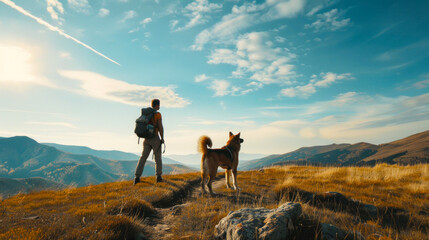 A hiker with a backpack and his loyal dog stand on a mountain trail, gazing at the stunning view of peaks and valleys