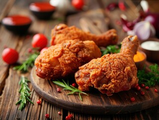 Crunchy thigh fried chicken with red sauce on wooden table - obrazy, fototapety, plakaty