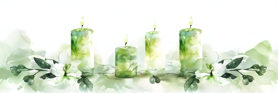 A watercolor painting of three candles with green leaves and the word light on the bottom, Beautiful magic circle with runes and candles green magical clipart illustration.


