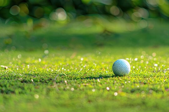 Golf ball on green field in sunny day