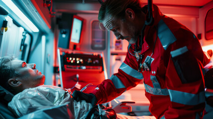 A paramedic checks an unconscious patient's vital signs - Powered by Adobe