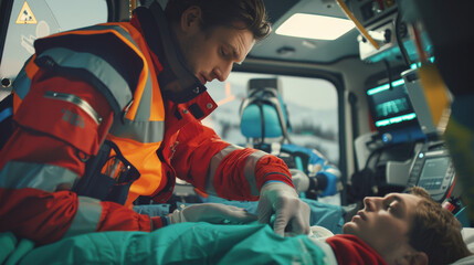 A paramedic checks an unconscious patient's vital signs