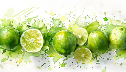 Green watercolor paint splashing with limes on a white backround