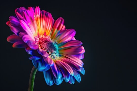 Closeup blooming flower with colorful neon light color