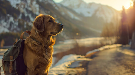 Golden Retriever sporting a backpack looks off into the distance amidst a snowy mountain landscape