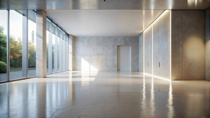 Empty corridor in a hotel interior, with open doors and ample natural light streaming in through large windows, showcasing modern architecture and parquet flooring design