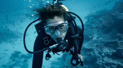 Naklejka na ściany i meble Female diver in the underwater sea