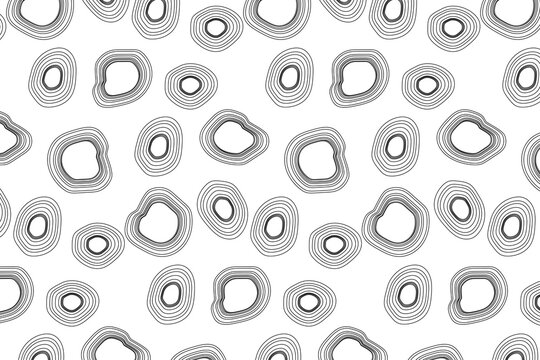 Seamless pattern. Black concentric circles of irregular shape on a white background. Flyer background design, advertising background, fabric, clothing, texture, textile pattern.