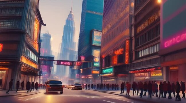 animation, motion effect,  City street scene with business lights, 60 fps 8 sec,