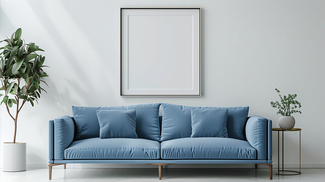 Minimalist interior design of a modern living room with a blue sofa and empty frame on a white wall mockup