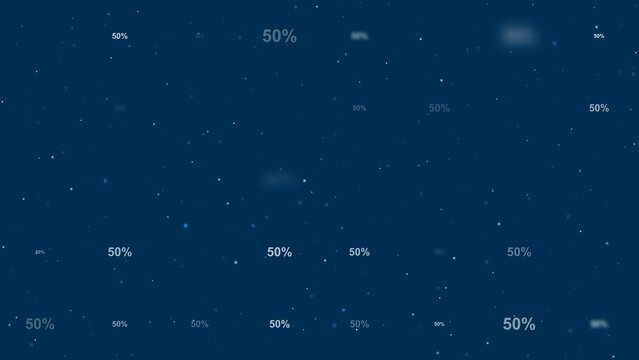 Template animation of evenly spaced 50 percent symbols of different sizes and opacity. Animation of transparency and size. Seamless looped 4k animation on dark blue background with stars