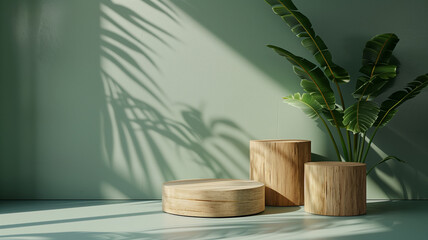 A simple round wooden podium with a soft green background, two plants on the left and right sides, minimal style, product display mock up for cosmetic products