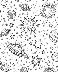 A simple coloring book page featuring a cosmic journey through space, featuringplanets, stars, and nebulas.