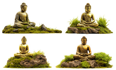 Set of golden buddha statues on mossy rocks, cut out - obrazy, fototapety, plakaty