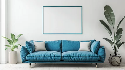 Foto op Plexiglas Minimalist interior design of a modern living room with a blue sofa and empty frame on a white wall mockup © mister