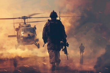 A soldier holding a gun, walking towards a helicopter - obrazy, fototapety, plakaty