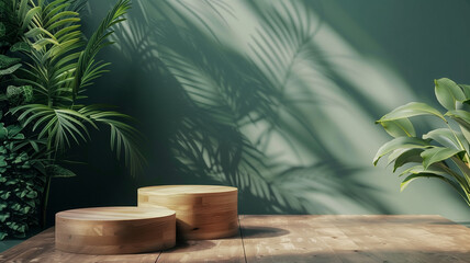 Fototapeta premium A simple round wooden podium with a soft green background, two plants on the left and right sides, minimal style, product display mock up for cosmetic products