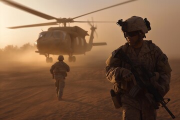 A soldier holding a gun, walking towards a helicopter