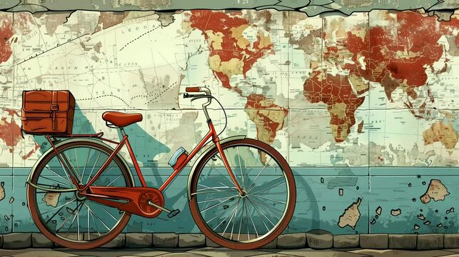 Retro bicycle against wall adorned with travel maps. Vintage old timey effects looping 4k video animation background