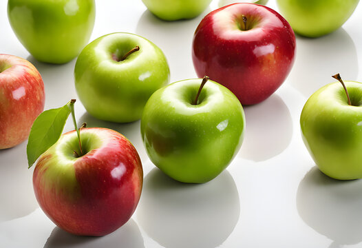 Fresh red and green apples with a white backdrop.