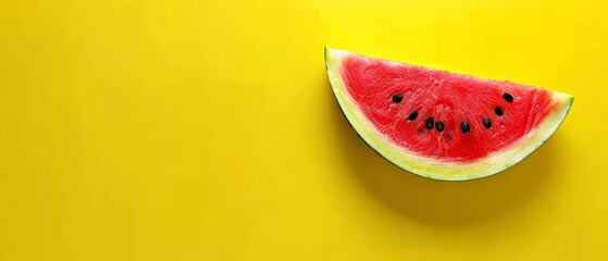   A yellow table has a watermelon slice and another watermelon resting on it
