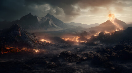a scene of a volcanic landscape - obrazy, fototapety, plakaty