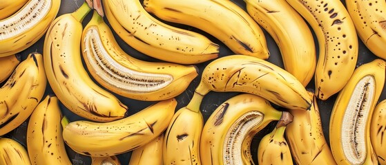   A group of overripe bananas arranged together on a dark background with circular depressions in their centers - obrazy, fototapety, plakaty