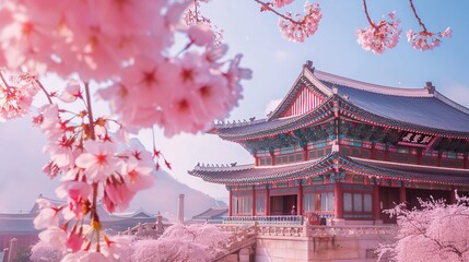 Gyeongbokgung Palace with cherry blossom in spring,Korea