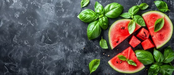 Foto op Plexiglas   Watermelon slices with basil and pepper on black stone top view with copy space for text © Jevjenijs