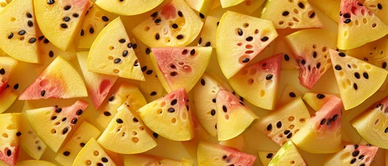 Foto op Plexiglas   Several watermelon slices placed together on a yellow background with dark dots © Jevjenijs