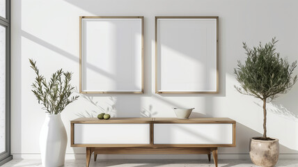 A wooden table with two white poster frames on it, olive tree in the pot near wall. Scandinavian home interior design of modern entrance hall or hallway.
