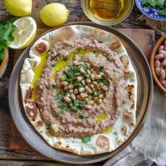 An Egyptian breakfast of ful medames, mashed fava beans with olive oil, lemon, and garlic, served with warm flatbread. 