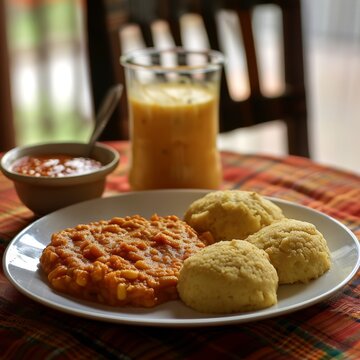 A Nigerian breakfast of moi moi, steamed bean cakes served with pap, a cornmeal pudding, offering a nutritious start to the day.