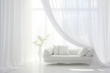 Bright white room with flowing curtains