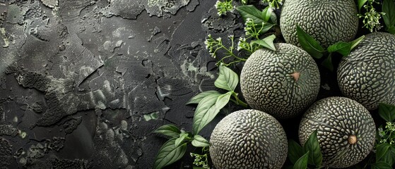   A cluster of cantaloupes resting on a table near a head of broccoli