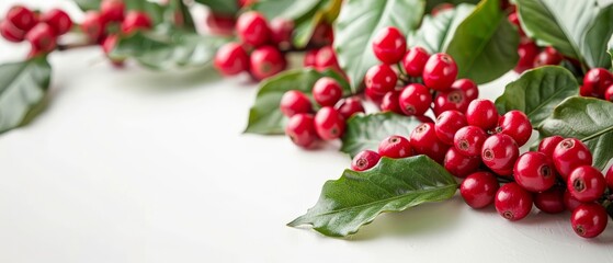   Close-up of red berries on green leaves against white background