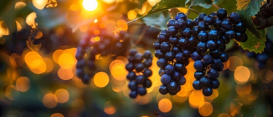   Grapes hang from tree under sun shining leaves and sun in background